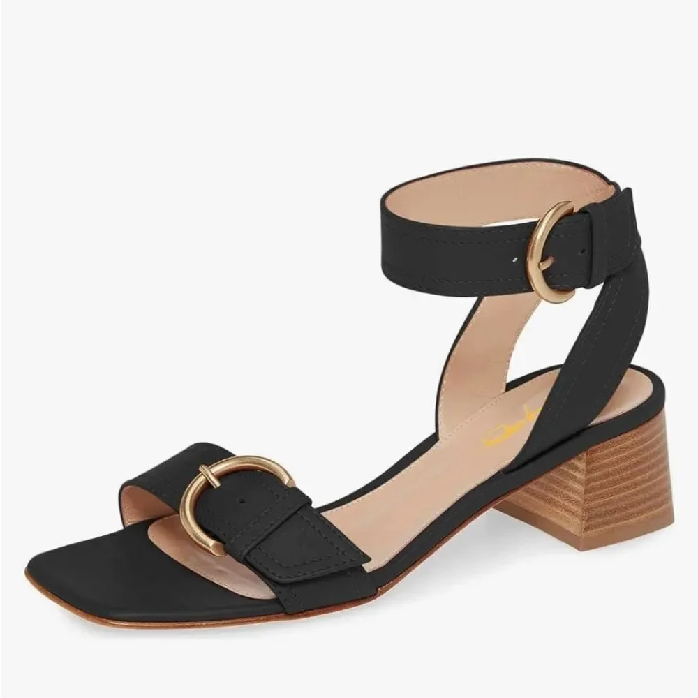 NEW SODA Square Open Toe Metal Buckle Sandals Satacked Low Heel SANDAL